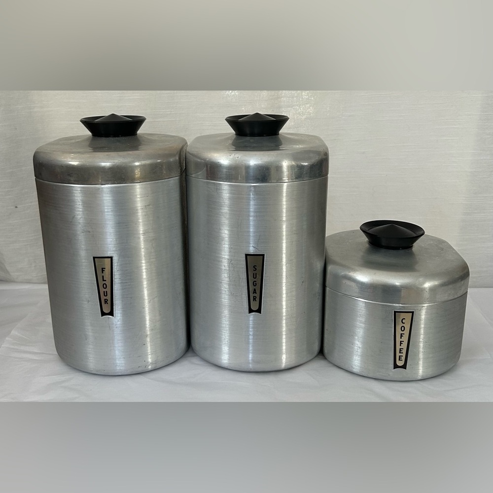 Vintage MCM Kromex Silver Spun Aluminum  Metal Canister Set with Black Lids